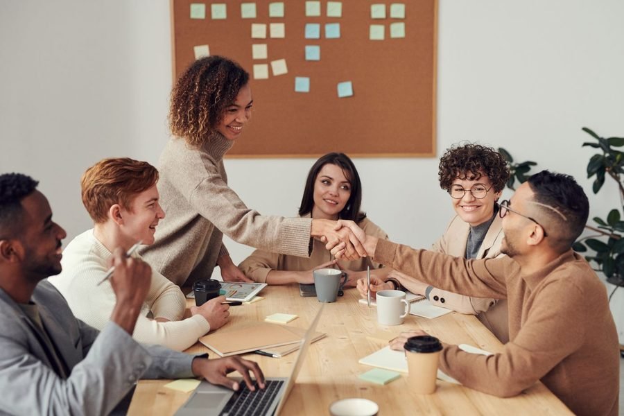Marketing team collaborating around a table during a planning session